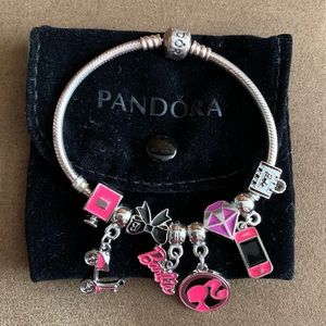 Pandora Snake Chain Bracelet w/ 8 New Barbie Theme Charms